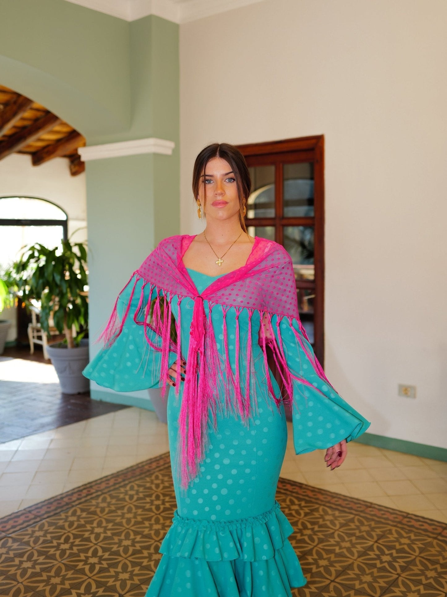 Traje flamenca volantes lunares turquesa